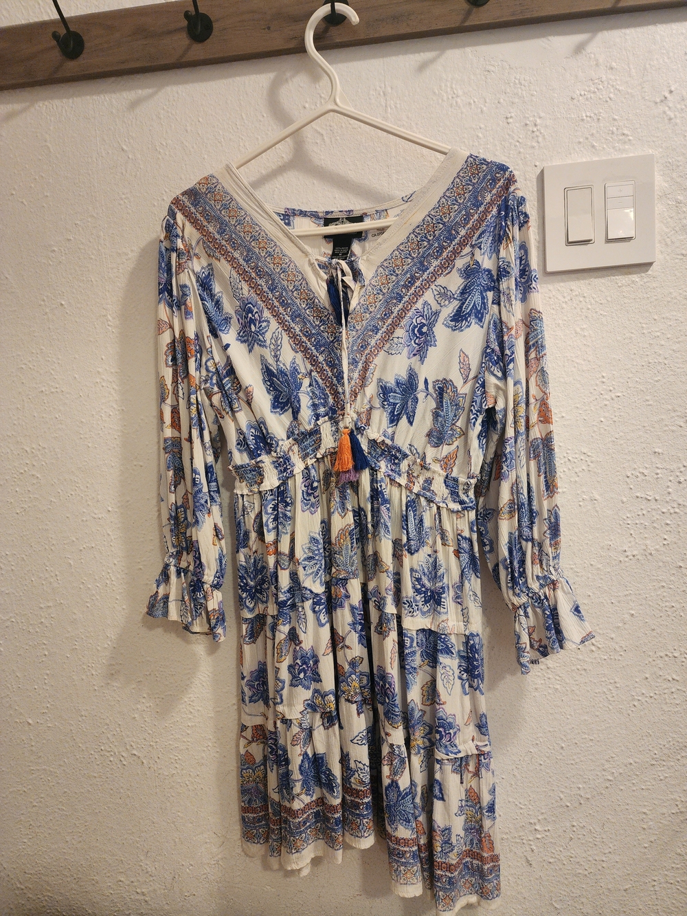 Angie White Mini Dress with Blue Floral Print and Orange Tassel 100% Rayon